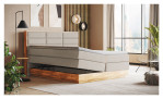 Boxspringbett VALMONDO Incana in einem Stoffbezug in Natural und einem Sichtholzrahmen in Eiche. Mit geöffneten bettkasten