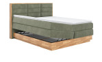 Boxspringbett VALMONDO Incana in einem Stoffbezug in Turtle und einem Sichtholzrahmen in Eiche. Mit geöffneten Bettkasten