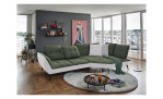 Komfort-Ecksofa vito Ticona, in der Farbausführung Olive / Silver, in einem Raum stehend mit der Rückenneigung