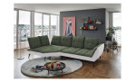 Basis-Ecksofa vito Ticona, in der Farbausführung Olive / Silber, in einem Raum stehend