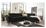 Komfort-Ecksofa vito Tonga, in der Farbausführung Schwarz, in einem Raum stehend mit Deko-Kissen und Decke