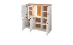 Komfort-Highboard vito Idamo im Dekor Tonweiß matt mit einem Oberboden in Alteiche Dekor, die Türen sind geöffnet