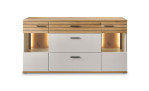 Sideboard Set One Quincy in Lichtgrau und Holzabsetzung mit Beleuchtung, frontale Ansicht
