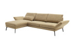 Komfort - Ecksofa Spin, in der Farbausführung gelb, Schrägansicht mit einer runtergeklappten Armlehne