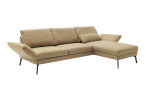 Komfort - Ecksofa Spin, in der Farbausführung gelb, Schrägansicht mit einer runtergeklappten Armlehne