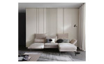 Komfort - Ecksofa Spin, in der Farbausführung taupe, in einem Raum stehend mit der Rückenneigung und der runtergeklappten Armlehne auf der linken Seite