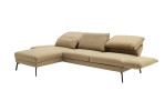 Komfort - Ecksofa Spin, in der Farbausführung gelb, Schrägansicht mit der Rückenneigung im rechten Element und Armlehne runtergeklappt