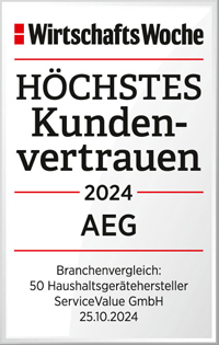 AEG wurde 2024 erneut mit dem Siegel 'Höchstes Kundenvertrauen' ausgezeichnet und belegt den ersten Platz unter den Hausgeräteherstellern. AEG wurde 2024 erneut mit dem Siegel 'Höchstes Kundenvertrauen' ausgezeichnet und belegt den ersten Platz unter den Hausgeräteherstellern.