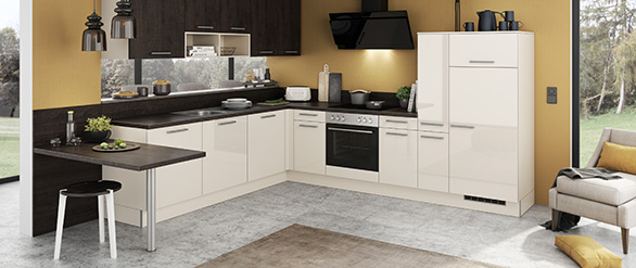 Winkelküche ECO / SHERWOOD in Angoragrau und Maroni