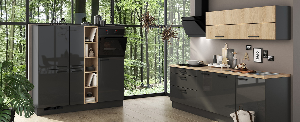 Wohnküche ECO / TRENTINO in Graphit Nachbildung und Eiche Sand Nachbildung Wohnküche ECO / TRENTINO in Graphit Nachbildung und Eiche Sand Nachbildung