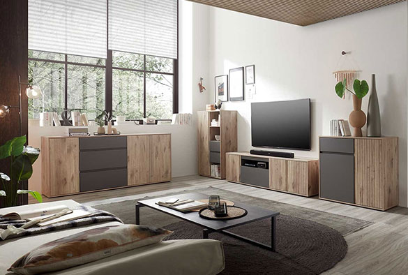 Moderne Wohnzimmerserie Nancy in Holzoptik mit Grau